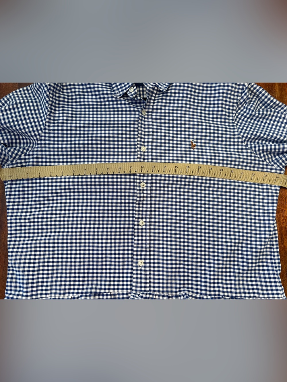 Upcycled Men’s Ralph Lauren Navy & White Gingham Ruffle Hem Button-Down Shirt - Picture 3 of 4